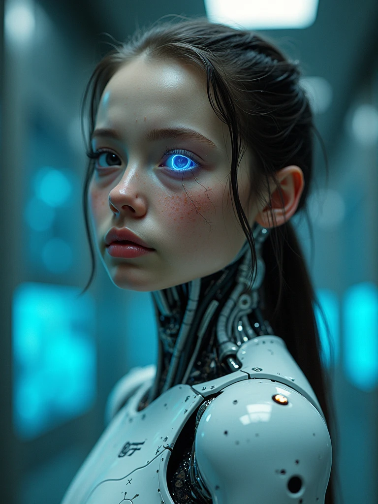 A metal robot carries a naked woman in its arms. The robot has a metal head with one central lenticular eye. The woman in the robot&#39;s arms is naked, she has big breasts and long wet curly hair, hugs the robot. Las deszczowy w tle, legs. 