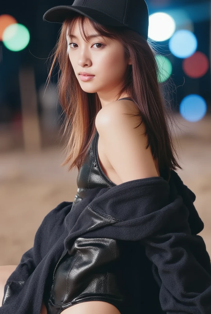 (masterpiece:1.2), 8k,(ultra-realsitic:1.37), outdoor, japanese porn actress, 18-years old, (slightly chubby), (close-up shot of armpit:1.5), face lights, Detailed face, slightly cunning smile, (pink latex strapless top with a black faux leather jacket over a tight cropped top:1.3), (jacket exposing sexy armpit), (black shiny jacket:1.5),