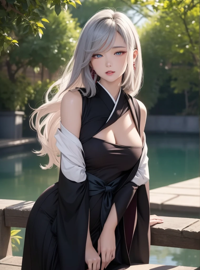 melhor qualidade)), ((obra-prima)), (altamente detalhado:1.3) A pale young woman with a voluptuous body, full breasts and pale skin, longos e volumosos cabelos negros com uma franja reta, rosto redondo e olhos sedutores parecida com a Hotarubi (basilisk) Wearing a traditional Japanese kimono in purple and black colors sitting in lotus position inside a huge black lotus flower floating over a lake and surrounded by moths with the night sky in the background and a huge blood-colored moon