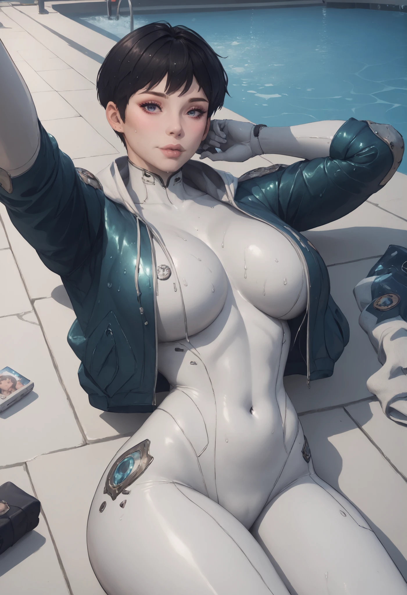 score_9,score_8_up,score_7_up BREAK valby from The First Descendant , short hair, black hair, white skin, female, bodysuit, Bimbo Body , double deck draw style, swim, looking at The Viewer, colorfull, water background, wet Body, Commission for High Res, double deck Art style, best quality, detailed image, detailed face, perfect shadows, perfect eyes, gorgeous body, voluptuous Body, NSFW, milf, score_9, score_8_up, score_7_up, score_6_up, wet Body, lying, side lying, on The floor, selfie, Blue jacket, selfie lying