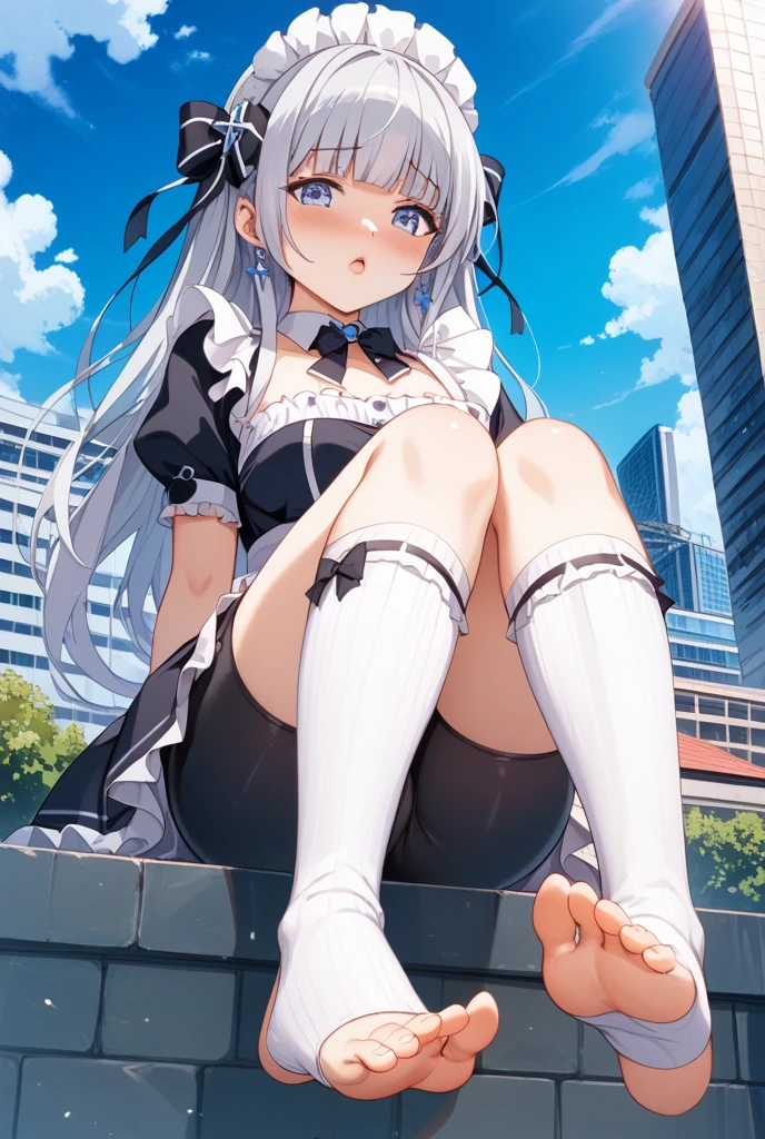 An illustration,highest quality,Two-dimensional beautiful girl,intricate details,Detailed CG,depth field,Masseter muscle part,natural soft light,professional lighting,1 girl,(cute:1.2),very beautiful 17 year old girl,detailed eye,((Blue eyes)),(silver hair),(long hair),(skin without bangs,shiny skin,pure white skin,fine skin,big and full breasts,((perfect anatomy,nice hands,perfect hands,five fingers connected to the palm,Accurate needle with no discomfort)),perfect bare legs,delicate legs,perfect proportions,Sexy,(I can see your chest),((maid uniform)),((Miniskirt with slits)),(tie),black socks,chano leather shoes,Squat deep in the city,I can see my crotch,Show me your crotch in the street,both legs are bent,The legs are spread out in an M-shape,,I can see the female genitals,Delicate thighs when viewed from the front,open your mouth and stick out your tongue,(No underwear)