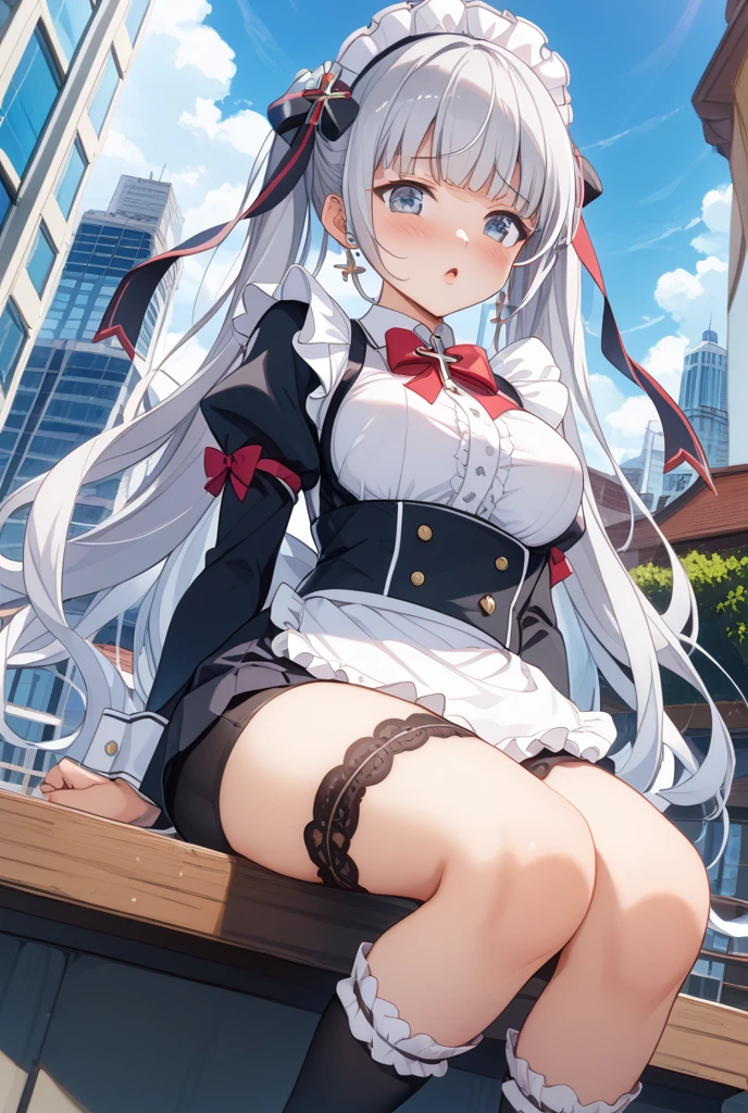 Squatting, On the street, white hair, with skirt, tight blouse, short blouse, big breasts, big ass, hair, heels, beautiful feet, fishnet stockings, Skinny body, red eyes, skirt red, blouse white, Black fishnet stockings