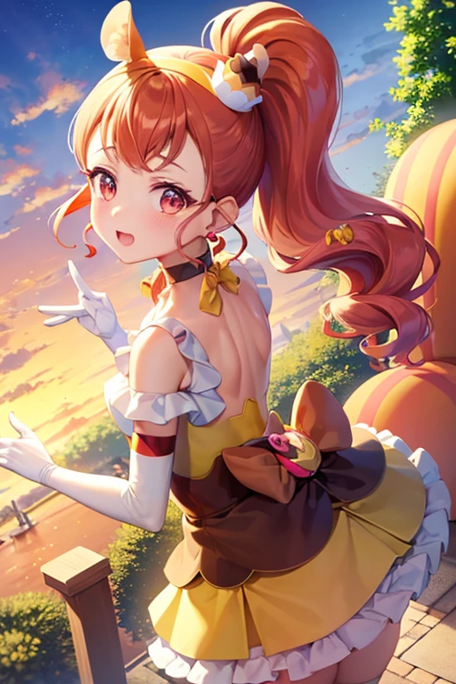 Peanut keeps her hair style but curls it various spots, including her pigtails. To the left of her head is a neon orange bow lined by tiny white frills and a piece of popcorn in the center. Attached to it are pieces of candy, one a large scarlet red lollipop, while the other is a scarlet red and tangerine orange swirl. Her eye star is now hot pink, while she has pieces of confetti strewn through the right side of her hair. SPARKLE; GLITTER