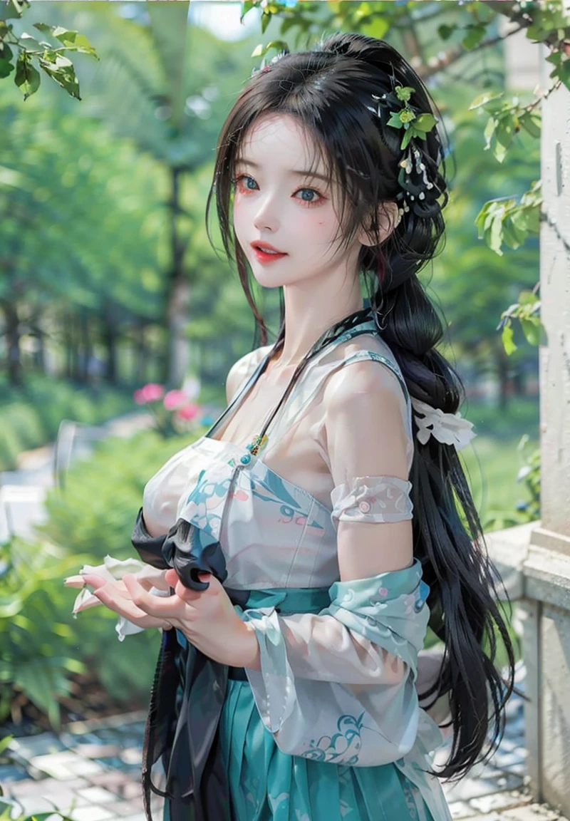 Zhong Fenghua, 1girll, (full bodyesbian) 独奏, Hanfu, flower field, blossom flower, (Black smoke:1.4) (realisticlying:1.5), datura, entangled, offcial art, Unity 8k壁纸, ultra - detailed, Beautiful and beautiful, tmasterpiece,best qualtiy, (dynamic angle:1.4), (Realistic:1.5),(Real human photos;1.5),(Bigboobs:1.2),(Liuhai hairstyle:1.5)(Shoulders exposed:1.2),Glowing skin, (Floating colorful flashes:1.2),The most beautiful classical form,(ellegance:1.2),Fauvistdesign,vivd colour,Romanticism Depth of Field,