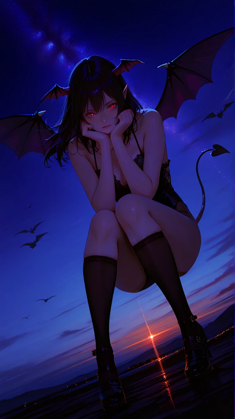 ((Demon girl)), ((dark vibes:1.8)), (nude:1.5), (nsfw), large breast, (full body), (creepy smile:1.5), masterpiece, detail face, choker, (body goals), detail face,8k, high quality, (wings:1.3), bright eyes, (red light:1.5), best view, stocking, horror theme, (sitting on rooftop:1.5),(demon horn:1.2), depth of field, stocking, (night:1.8), (stocking:1.5), (hand stocking:1.5), (dynamic poses:1.5), (glowing red eyes:1.5),
