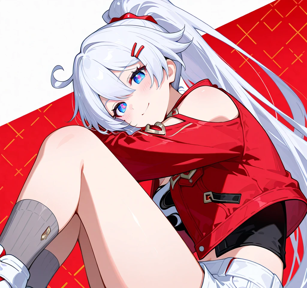 1girl, Alisa Mikhailovna Kujou, beautiful, serious face, red ribbon, hair ornament, naked, hentai, leg spread