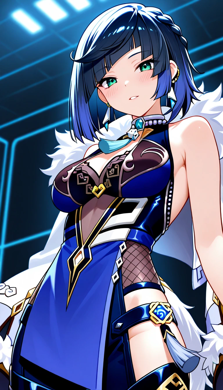kaito, two-toned hair, blue hair, purple hair, purple eyes, scarf, necklace, , COAT, PANTS,, live stage, large , 1girl, smile, solo, nipple