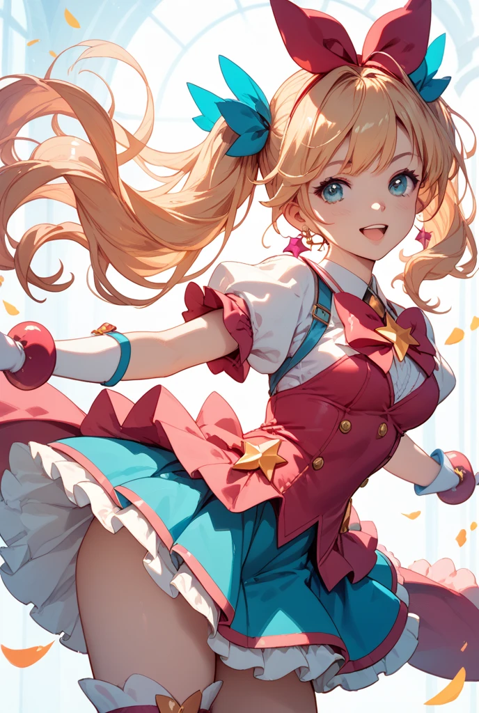 an anime style cartoon drawing of a girl with high heels on the floor, 1girl, solo, Blonde hair, , ass, , breasts, shiranui mai, hosimiya ichigo, red eyes, looking at viewer, ponytail, open mouth, smile, long hair, simple background,Ichigo Hoshimiya (Aikatsu!),Shiranui Mai, Kunoichi Dress