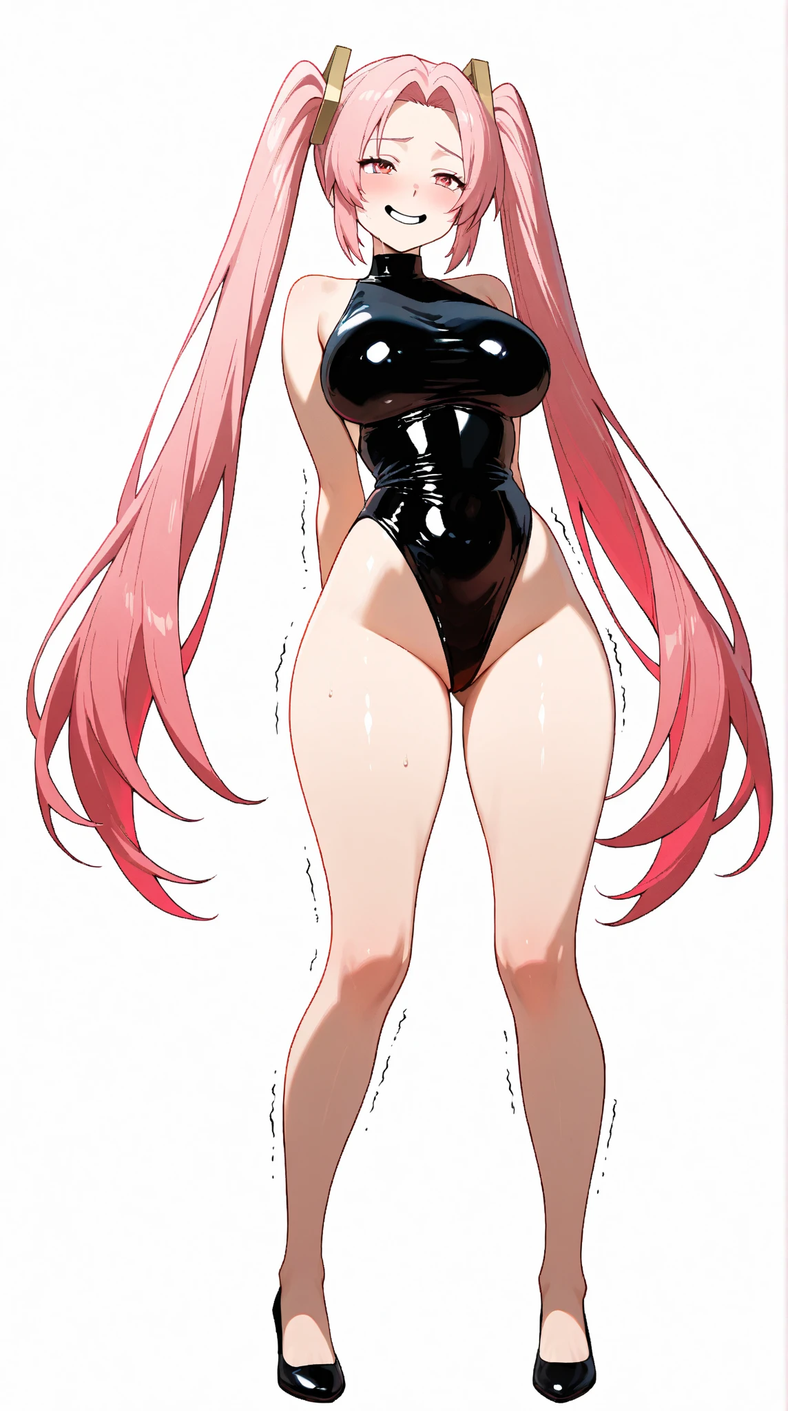 1 girl, solo, kirisu mafuyu, best quality, high resolution, long hair, pink hair, blue eyes, hair between eyes, braid, big breasts, bare shoulders, red playboy bunny, red headband, bunny ears, black pantyhose, embarrassed , smiling, mouth closed, hand on hip, inside casino, cowboy photo, big breasts, medium hips, wide thighs, perfect hands, perfect anatomy