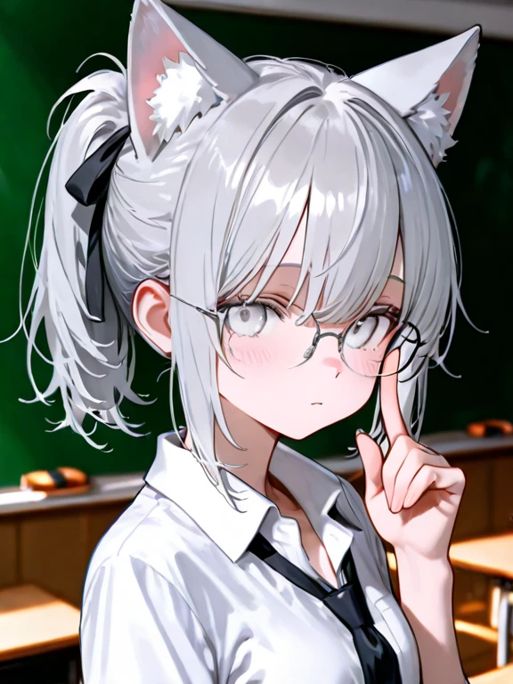 neferpitou, <lyco:neferpitou-lyco-nochekaiser:1>,
neferpitou, short hair, (red eyes:1.5), animal ears, hair between eyes, tail, white hair, cat ears, cat tail, cat girl, curly hair, <lora:catmouth_v100:1>, :3,
BREAK long sleeves, shorts, striped, buttons, brown shorts, shirt, collared shirt, blue shirt,
BREAK looking at viewer,
BREAK indoors, classroom, (cowboy shot:1.5),
BREAK <lyco:GoodHands-beta2:1>, (masterpiece:1.2), best quality, high resolution, unity 8k wallpaper, (illustration:0.8), (beautiful detailed eyes:1.6), extremely detailed face, perfect lighting, extremely detailed CG, (perfect hands, perfect anatomy),