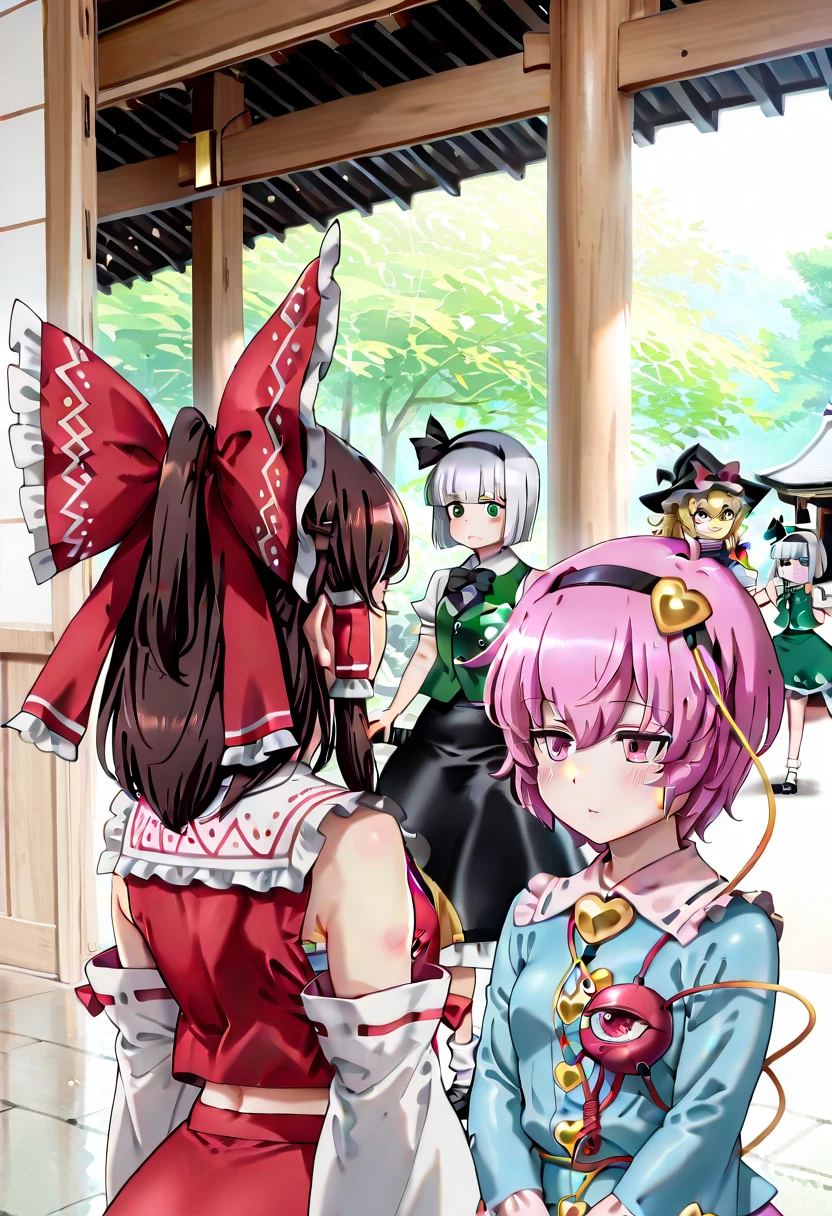 four girls,hakurei reimu,kirisame marisa,komeiji satori,konpaku youmu,touhou,staring at us、line up、shrine、Japanese-style room、Smiling、4 people、Hakurei_Reimu 、Cutting edge_Marisa、Konpaku_Yomu、 Komeiji_Enlightenment