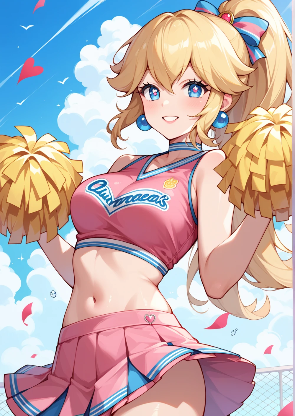 One girl, blonde, pigtails, make up, big breasts, thong, shortskit, pubic hair, cheerleader uniform, blue and pink uniform, sexy pose,