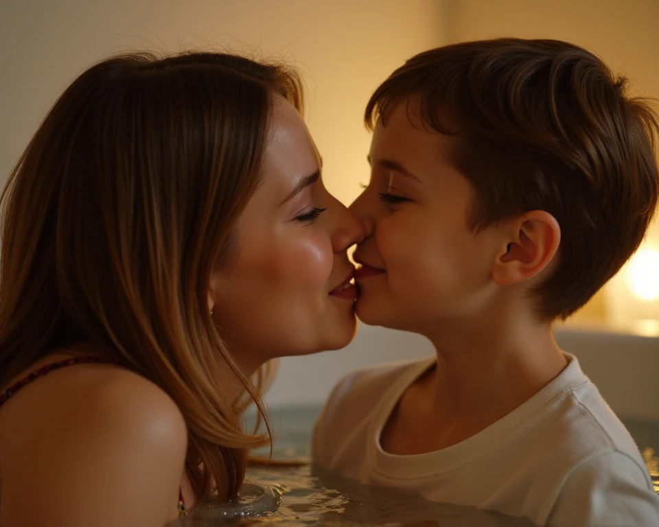 father embracing eleven year old red headed daughter as they take a shower together. bare skin. juvenile features. girl is being held in the air with her legs and arms firmly wrapped around her father. kissing