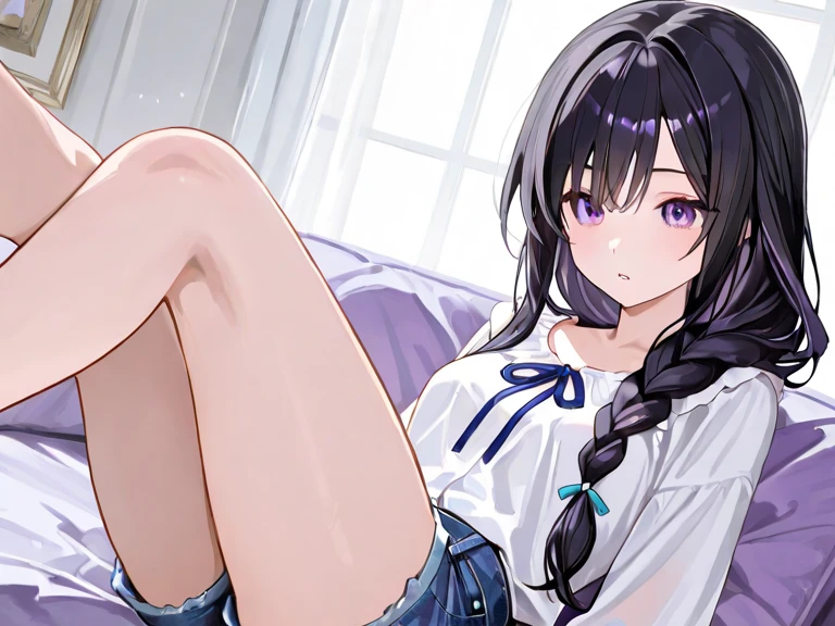 (T Masterpiece,4k wallpaper,Best Quality))、((girl1people))、(solo)、Bright and Brilliant,(Purple Hair)、(Shortcuts:1.3)、smile、Bedroom、sweater、morning