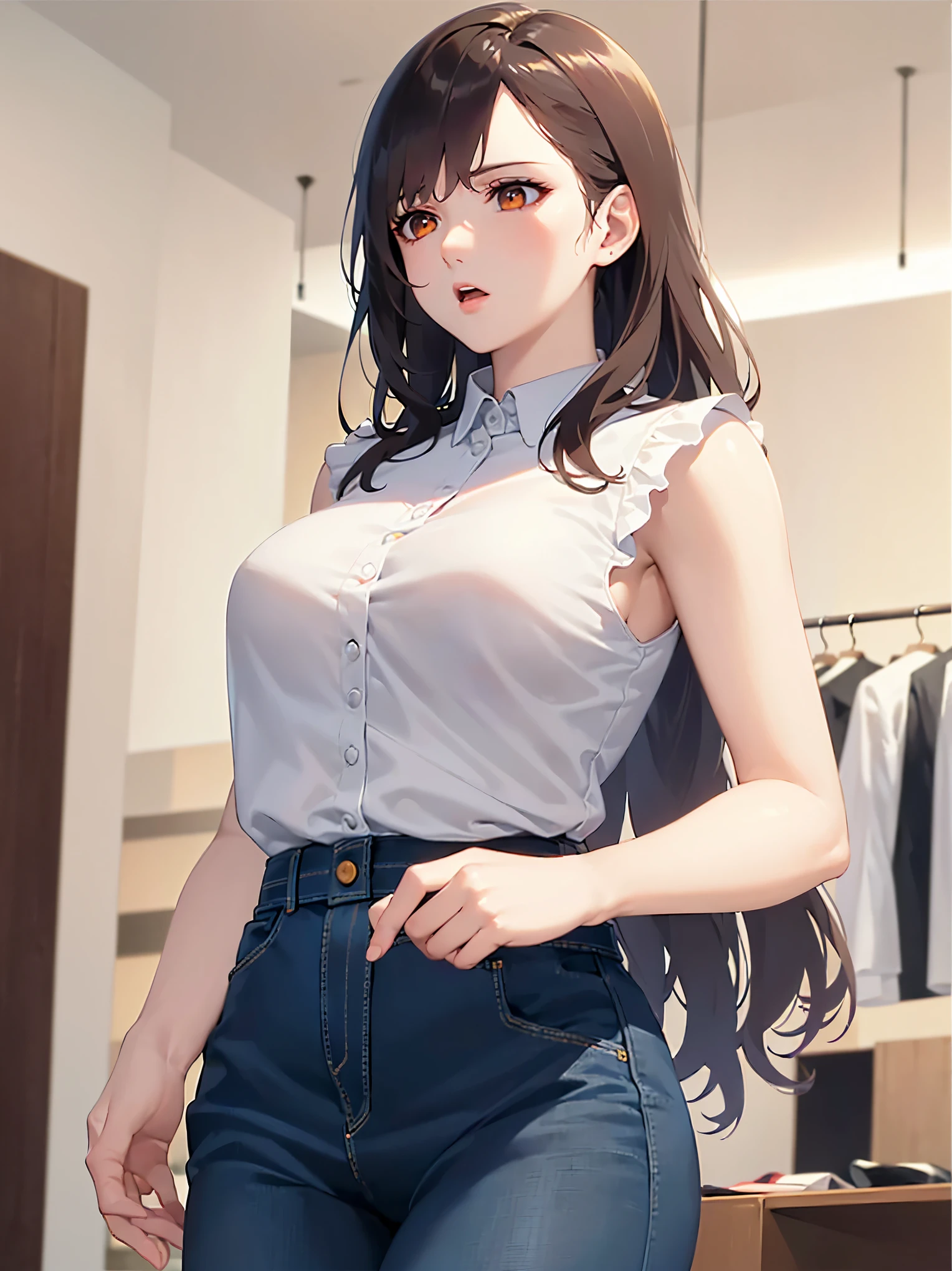 ((highest quality)),(ultra high resolution),(Super detailed),(detailed description),((best CG)),(best work of art),super precision art,amazing drawing art,(Fashion art with precise details:1.5), (1 female model:1.8),(Beautiful and well-proportioned face:1.6),glamorous body:1.6,(Shoulderless shirt with precise and detailed depiction:1.8),(jeans:1.5)