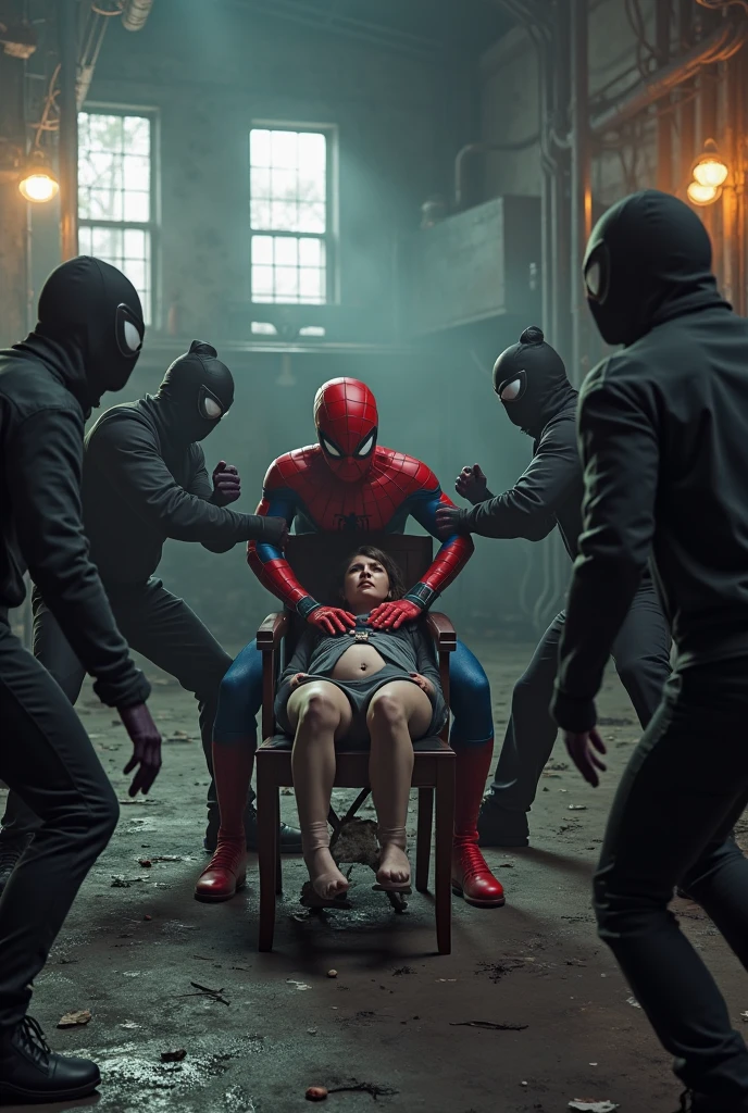 Man with spiderman mask in swimsuit surrounded by strong men with milk on their bodies while they are crouching and kissing his feet with sweat and saliva and the one with the mask is lying face down with his face up and the men are spitting a lot of saliva out of their mouths and are blushing