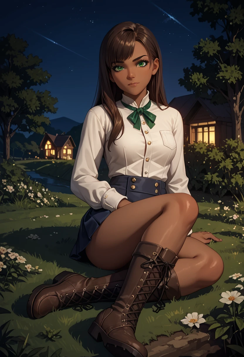 score_9, score_8_up, score_7_up, score_6_up, source_anime, 1girl, solo, dark-skinned female, brown hair, long hair, green eyes, long sleeve shirt, mini skirt, buttons, brown boots, cross-laced boots, sitting, looking at you, countryside, night, closed mouth, sitting on the ground, medium breasts