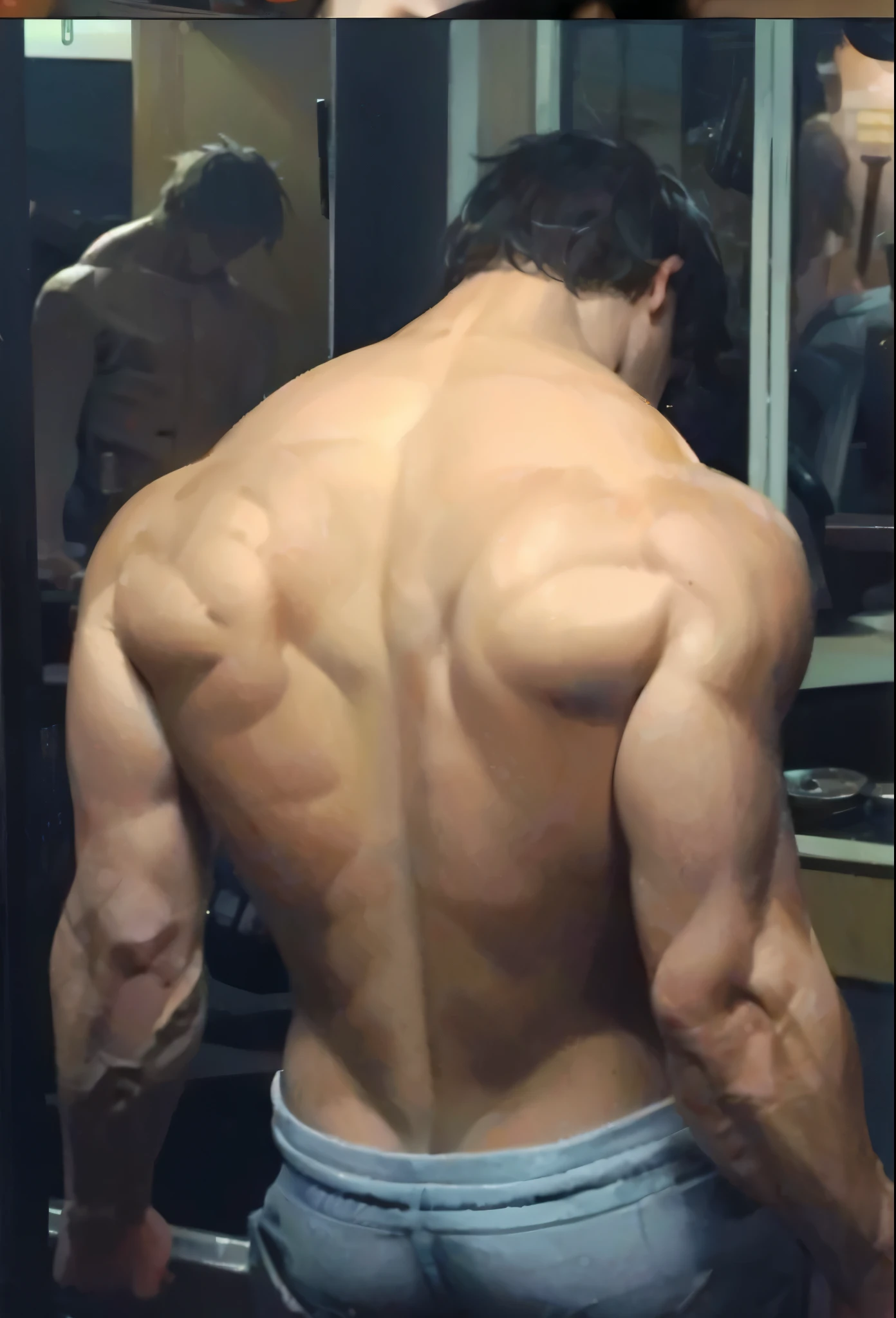 Create a thumbnail image showing a muscular man showing off his gigantic, muscular back showing off his toned back without a shirt, no nudity, Por favor