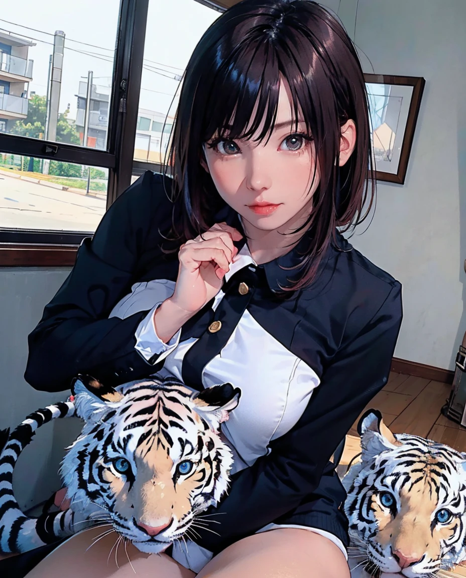 03
(Black Shorthair:1.3), (a 20 yo woman), (A hyper-realistic), (masutepiece), (8KUHD), Looking at the camera, Beautiful woman, A smile, (Tiger Design Clothing)