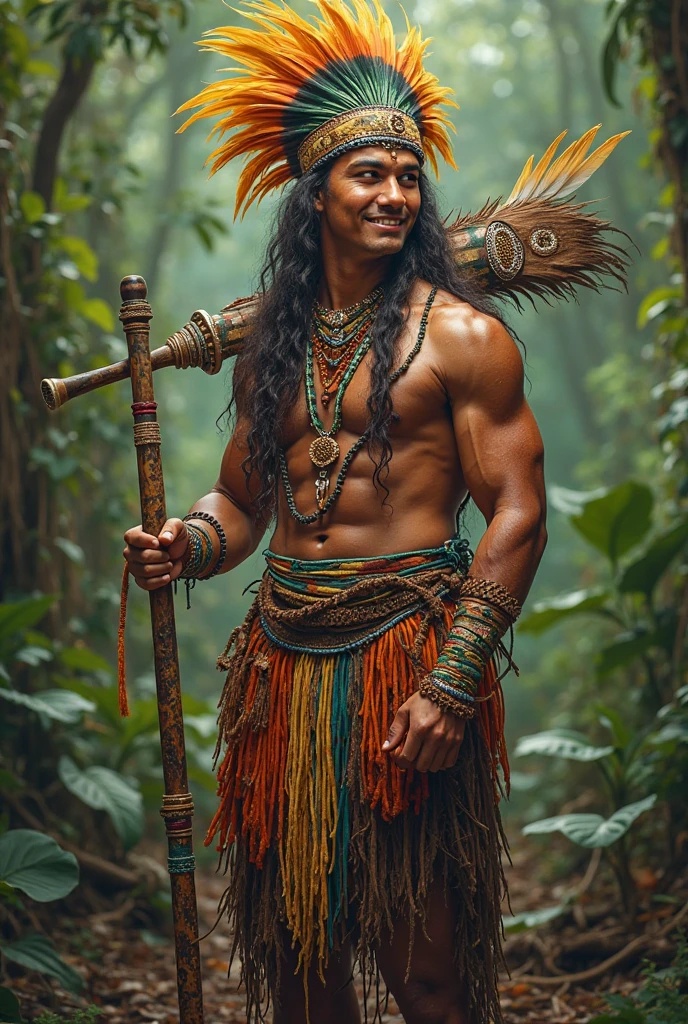 Mapuche, indigenous from Chile, with weapons ready for war with bare chest and full body, realistic human, with visible muscles