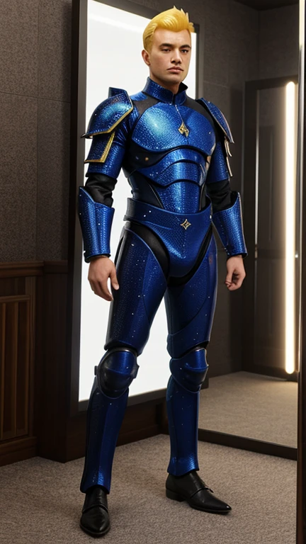 1boy, full body, Illustration, cinematic light, high resolution, best quality, ultra-detailed, masterpiece, power suit, powerranger, suit, spd, gold detail, ((Blue suit)), thunder particle, lightning, ((ninja inspired pose))
