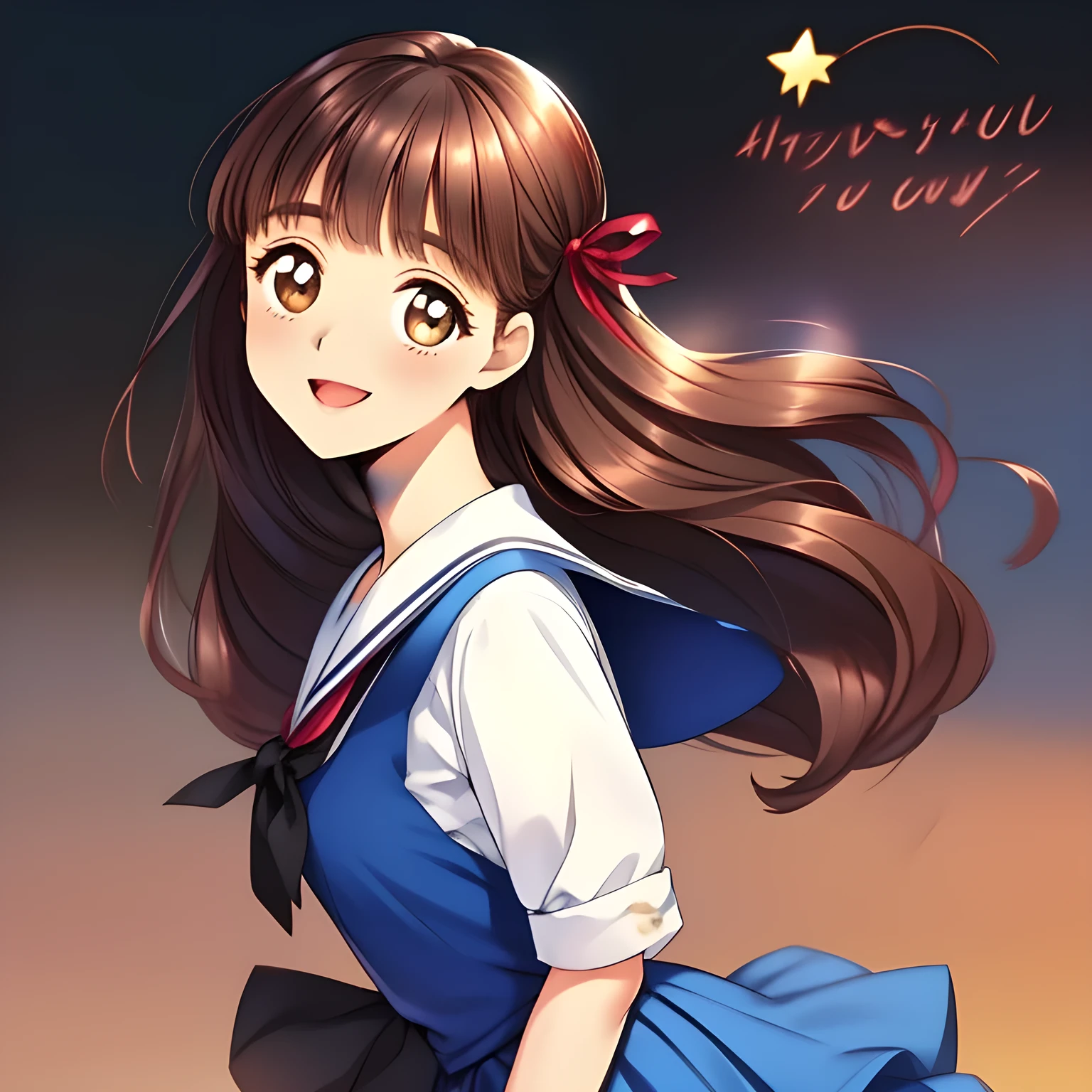 (highest quality, masterpiece:1.2), highest quality, High resolution, 1080p, 8K, (My beautiful pretty girl friend is (walking beside me), turning to me, looking me up, hypnotizing me by neat beauty, ((laughing at me)), (love-story comic heroines), (intelligent and perfectly balanced slender style), feeling too funny, amazingly neat & clean, in peace and neat lovely strong charm, cutely tilted head), (Too noble beautiful lady like a love-story comic heroine), (laughing like watching a comedy), A very lovely, very noble, pretty and pure beautiful girl. ((Bursting out Laughing very elegantly)), ((white grown face)), Using expensive whitening cosmetics by cosmetics artist: 1.2), (pamper and spoil you: 2.0), (curled) bangs, (Too beautiful blue fascinating shiny (double-lidded) (brown eyes) with love to the viewer, ((deep upper girly eyelid)), ((huge eye pupils)), laughing with detailed clearly: 1.5), (Dark blue vest school uniform, (Neat smart (white school frilled blouse))): 1.8), (A very neat, ((realistic), (dark-blue) pleated blue school (beautifully checkered) skirt): 1.6), (too pretty shiny big (red realistic school ribbon tie)): 1.5), (Shiny love-story heroine lips, extremely laughing open mouth: 1.0), ((amazingly beautiful black bobbed wavy hair is blowing in the wind: 1.5)), (Hair Ribbon ties (black hair), The ribbon is big and very pretty), (Tight waist, slender: 1.5), (The background is (plain black space) to emphasize their fascination: 1.8), (The lady knows well about the viewer's love for her school uniforms, and satisfies it completely as the viewer's desire: 1.7), (Everything is organized to have strong effect to spoil the viewer to fall into happy dream with many pampering girls: 1.5), (The viewer must be transferred to the world of the beautiful girls right now: 1.5), (take a side shot of walking beauty beside me turning to me: 2), (she is emerging up into the real from the picture, giving luck and pleasure to the viewer: 2.0)