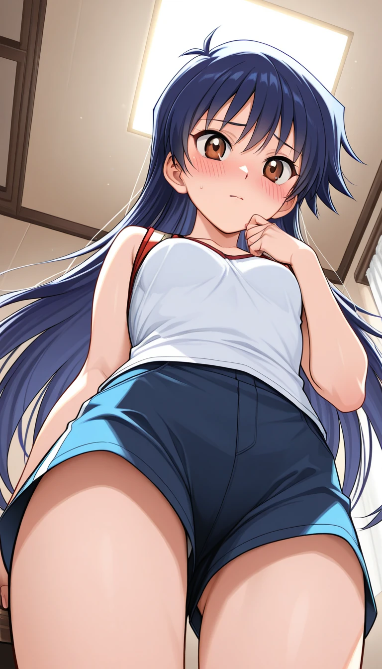 (8K, Highest quality, Highest quality, masterpiece), sit on the floor, (((denim hot micro shorts))), ((partially visible vulva)), ((the shorts wedgie)), cameltoe, white shirt, big breasts, (fullbody), ((seductive grin)), 1girl, ((long hair, black hair)), anime girl