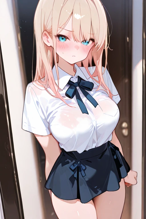 (masterpiece:1.2),extremely high quality,1girl,princess,solo,see-through,big breasts,hikarizaka_private_high_school_uniform,[nipples],high stockings,looking at viewer,cowboy shot,princess's half tied hair,detailed characterization,movie lighting effects,a complex and contextualized background,<lora:Transparent clothes_concept_v1.2:0.8>,