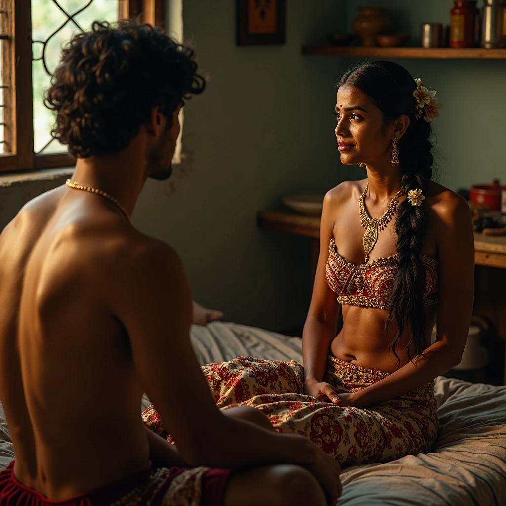 A young muscular Hindu man is massaging the feets of a young curvy muslim woman