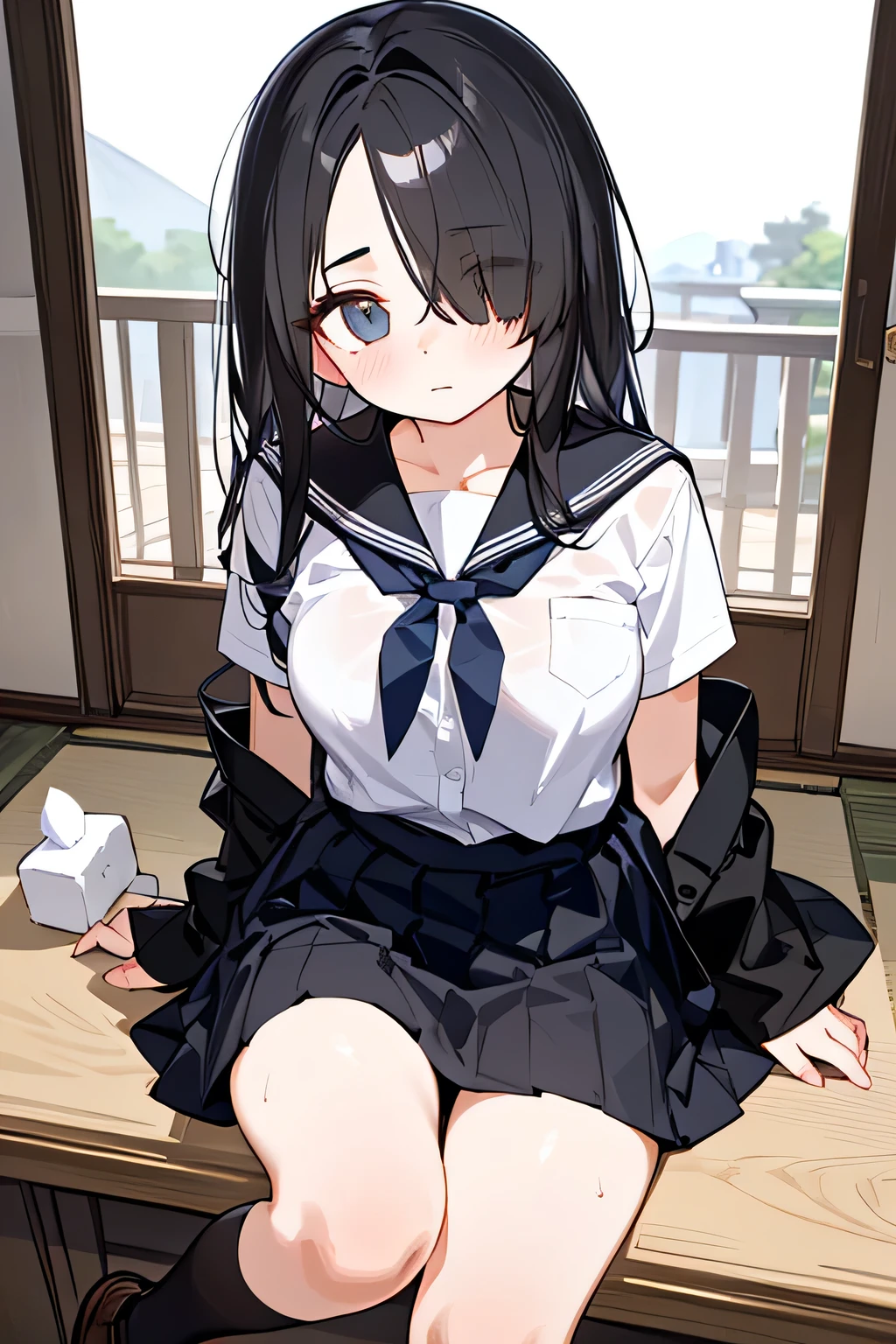 satenruiko, saten ruiko, black hair, blue eyes, long hair, hair ornament, flower ornament, (flat chest:1.2),
BREAK blue skirt, pleated skirt, sakugawa , , serafuku, skirt, summer uniform,
BREAK looking at viewer,
BREAK city,
BREAK (masterpiece:1.2), best quality, high resolution, unity 8k wallpaper, (illustration:0.8), (beautiful detailed eyes:1.6), extremely detailed face, perfect lighting, extremely detailed CG, (perfect hands, perfect anatomy), (white panties:1.5), (short, tiny, teenager,:1.2), (spread legs, open legs, knee up:1.3), naval, groin, perineum, leaning back, body tilt, shy, blush, embarrassed, small breasts, arms behind back, cowboy shot, dutch angle,
