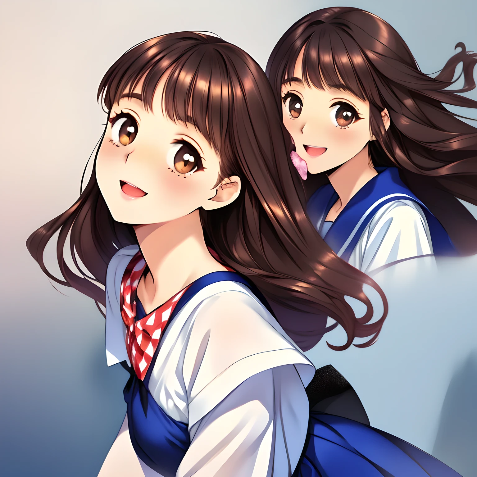 (highest quality, masterpiece:1.2), highest quality, High resolution, 1080p, 8K, (My beautiful pretty girl friend is (walking beside me), turning to me, looking me up, hypnotizing me by neat beauty, ((laughing at me)), (love-story comic heroines), (intelligent and perfectly balanced slender style), feeling too funny, amazingly neat & clean, in peace and neat lovely strong charm, cutely tilted head), (Too noble beautiful lady like a love-story comic heroine), (laughing like watching a comedy), A very lovely, very noble, pretty and pure beautiful girl. ((Bursting out Laughing very elegantly)), ((white grown face)), Using expensive whitening cosmetics by cosmetics artist: 1.2), (pamper and spoil you: 2.0), (curled) bangs, (Too beautiful blue fascinating shiny (double-lidded) (brown eyes) with love to the viewer, ((deep upper girly eyelid)), ((huge eye pupils)), laughing with detailed clearly: 1.5), (Dark blue vest school uniform, (Neat smart (white school frilled blouse))): 1.8), (A very neat, ((realistic), (dark-blue) pleated blue school (beautifully checkered) skirt): 1.6), (too pretty shiny big (red realistic school ribbon tie)): 1.5), (Shiny love-story heroine lips, extremely laughing open mouth: 1.0), ((amazingly beautiful black bobbed wavy hair is blowing in the wind: 1.5)), (Hair Ribbon ties (black hair), The ribbon is big and very pretty), (Tight waist, slender: 1.5), (The background is (plain black space) to emphasize their fascination: 1.8), (The lady knows well about the viewer's love for her school uniforms, and satisfies it completely as the viewer's desire: 1.7), (Everything is organized to have strong effect to spoil the viewer to fall into happy dream with many pampering girls: 1.5), (The viewer must be transferred to the world of the beautiful girls right now: 1.5), (take a side shot of walking beauty beside me turning to me: 2), (she is emerging up into the real from the picture, giving luck and pleasure to the viewer: 2.0)