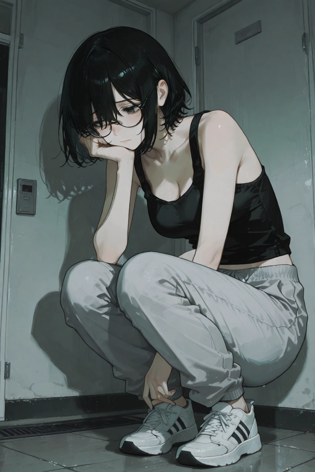 whole body, solo, alone, delicate facial features, medium tits, medium hair, black hair, tearful mole, earring, tank top shirt, cargo pants, shorts, wet,