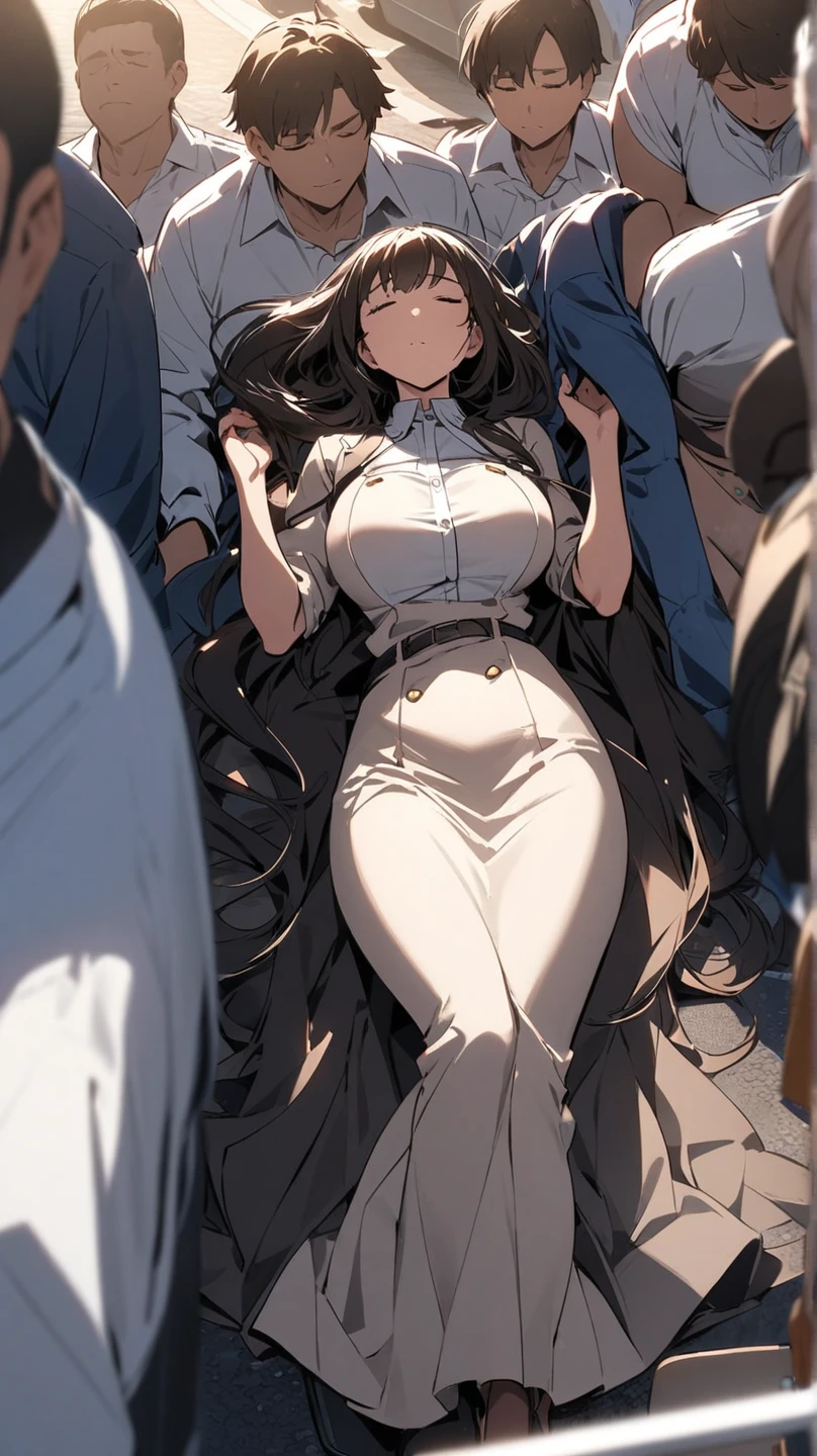 masterpiece, 最high quality, High resolution, Final Fantasy 7、Tifa Lockhart、Black torn clothes 、Black ripped pantyhose、Dark church at night、sexy、Wearing a mini skirt、Thin legs、Big Breasts、Slim figure、high quality CG Tone、Torn black panties、Defeat scene、Losing to a woman、Lying on the floor in agony、Surrounded by women、Tattered、Wriggle your body