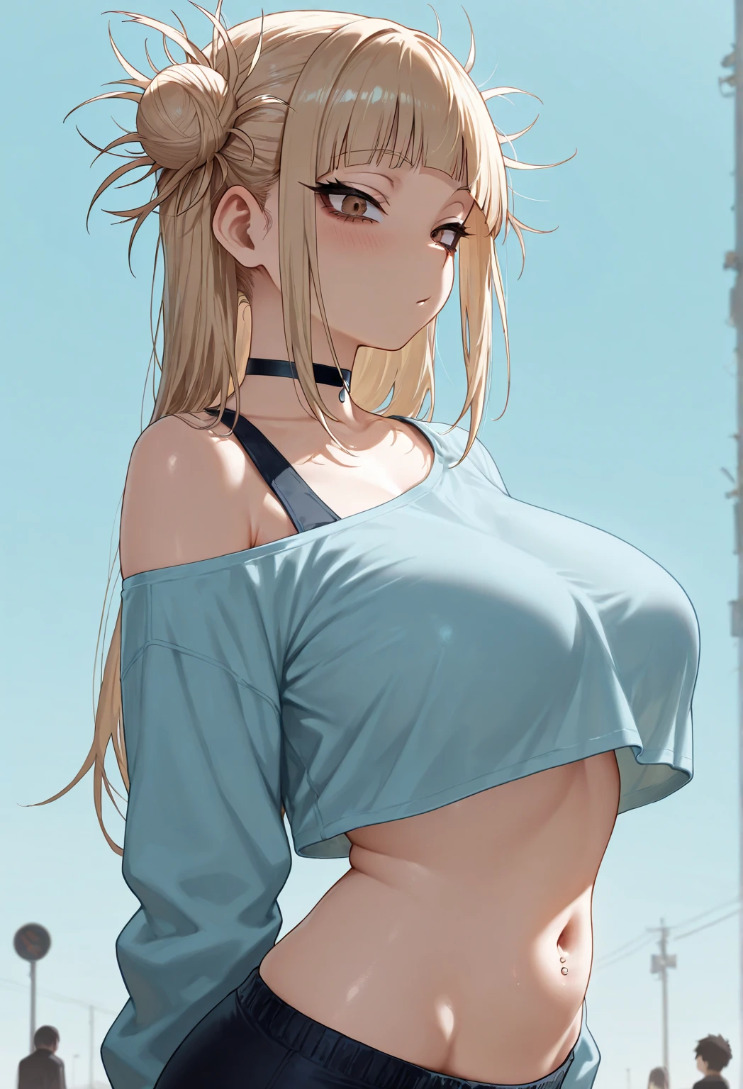 top-quality、Top image quality、masterpiece、girl with((18year old、tatteredclothing、Black Navel Tank Top、White pants、Best Bust、Bust 85、a blond、disheveled ponytail、Blue eyes、open chest wide、Happiness、Chain Accessories、Black wristband on wrist、saluting、Wink in right eye))hiquality、visualart、Background with((Hawaiian))、masutepiece