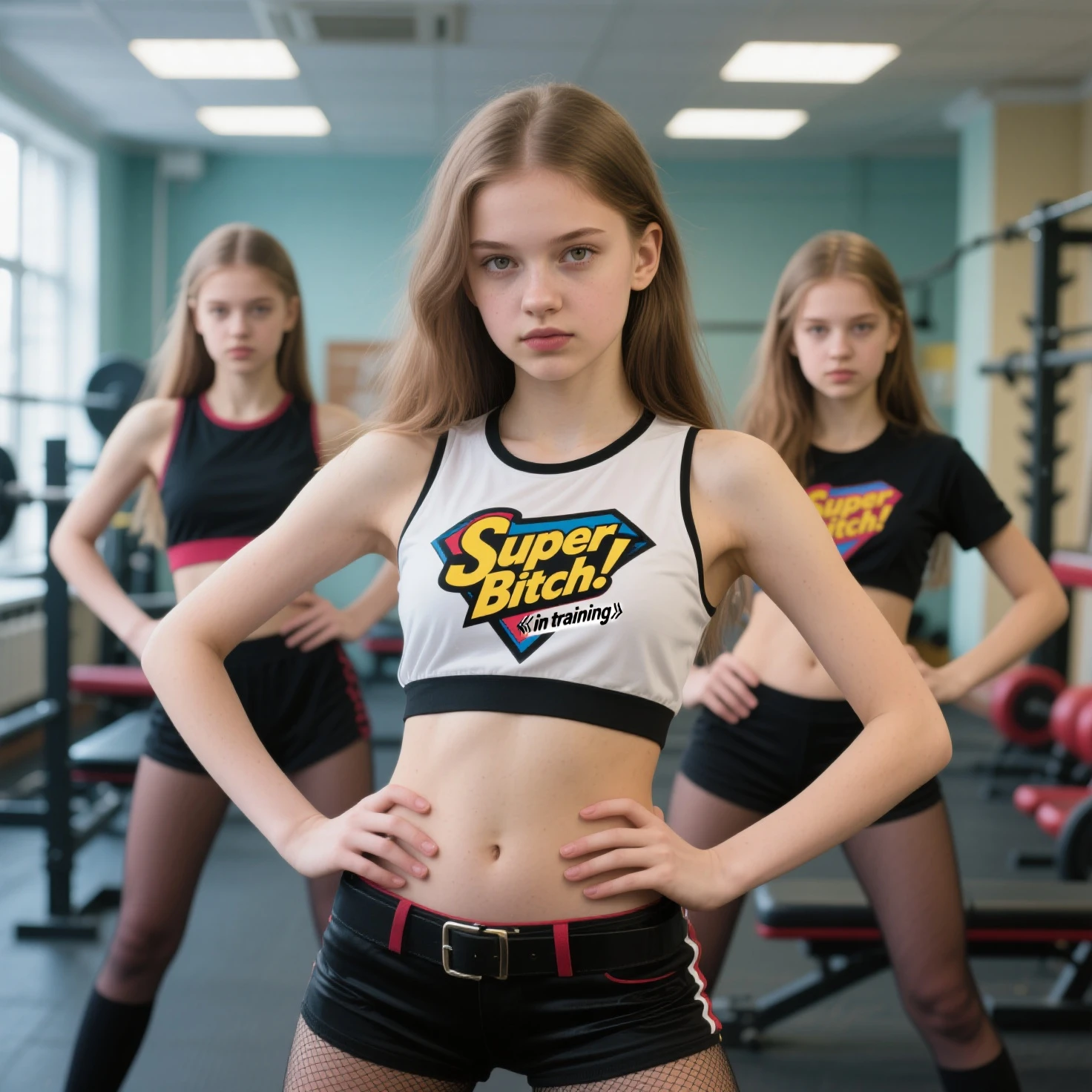 Teen girl, young and cute, shes in the audience of the school dance, she is flashing the crowd, she's wearing a pair of gym shorts, men surround her, clothed men encircle her, everyone is wearing clothe, she is skinny and small, she is shy