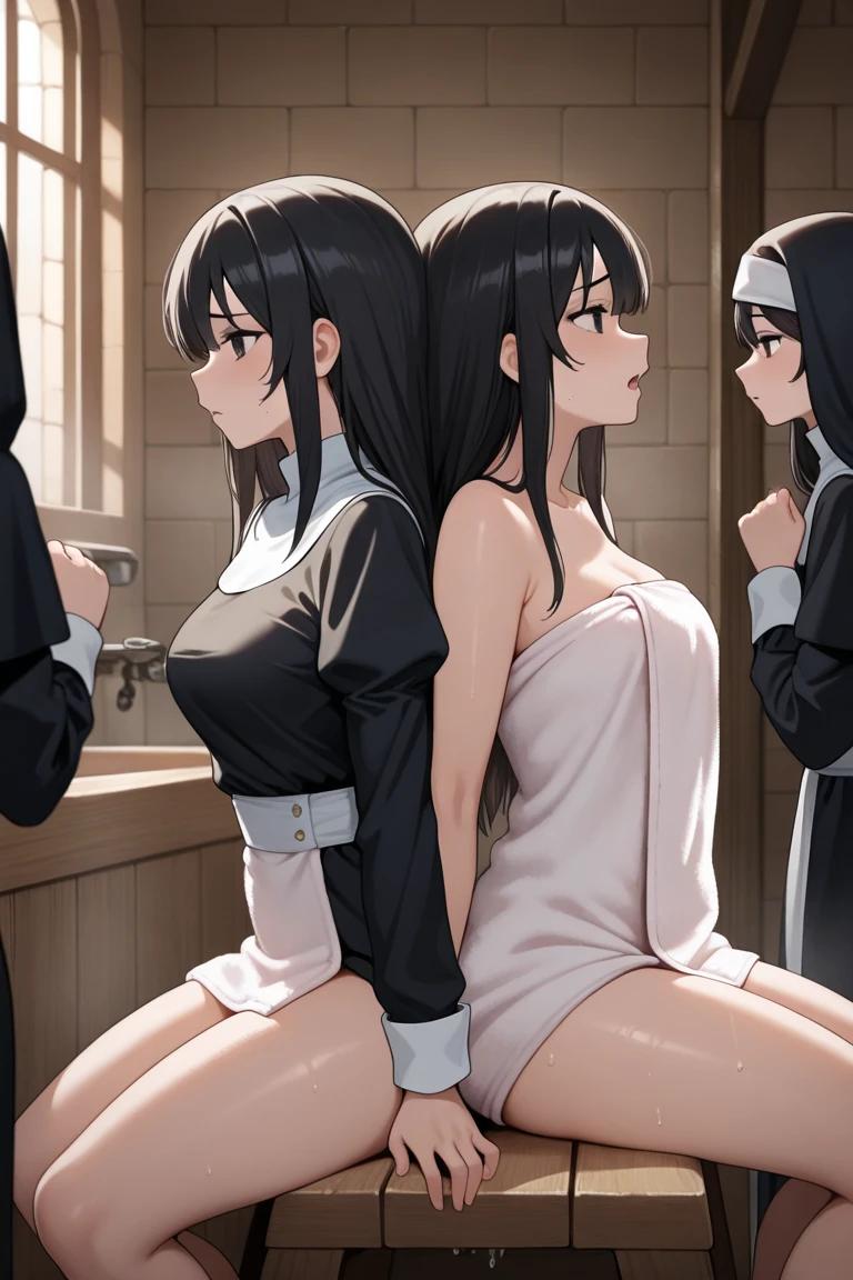 2 chicas jovenes,en un hospital ,vestidas de enfermeras, sonriendo, black hair and brown hair, 30 yrs old, desnudas, tetas grandes, pezones grandes, ((wet vagina)) abiertas de piernas, una le chupa la vagina a otra