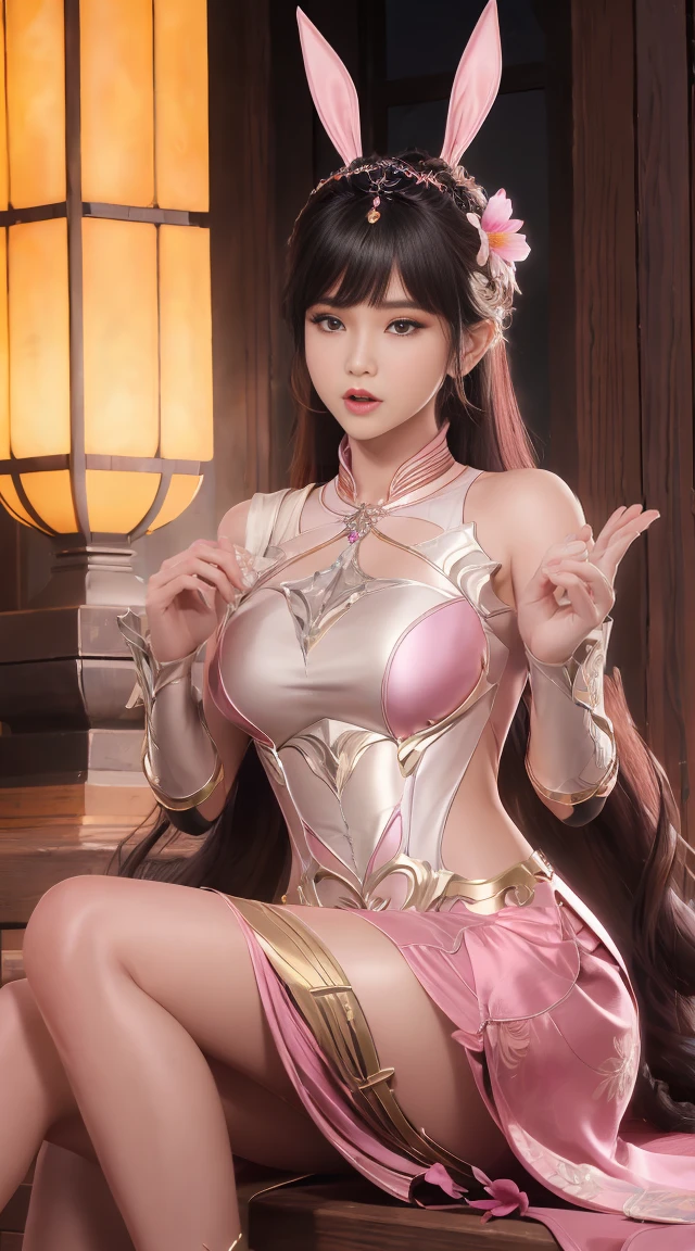 (masutepiece), Professional , masterpiece、top-quality、photos realistic , depth of fields (Gemstone Silver Metal Body:1.9),(Matte Pink、Jewel Gold Weapon(Jewel Metal Body:1.4),Gorgeous metal weapons , Detailed Sword of the Brave , Beautiful knife ,warhammer 40k , adepta sororitas,Detail and ornate jewel crown、Black hair、Gangle's forest background、Beautiful Caucasian beauty、1a person、dynamic ungle,(((Detailed and ornate diamond crown)))、Smaller head、A smile、Take a sexy pose、Background inside the castle、Thin and beautiful female hands、