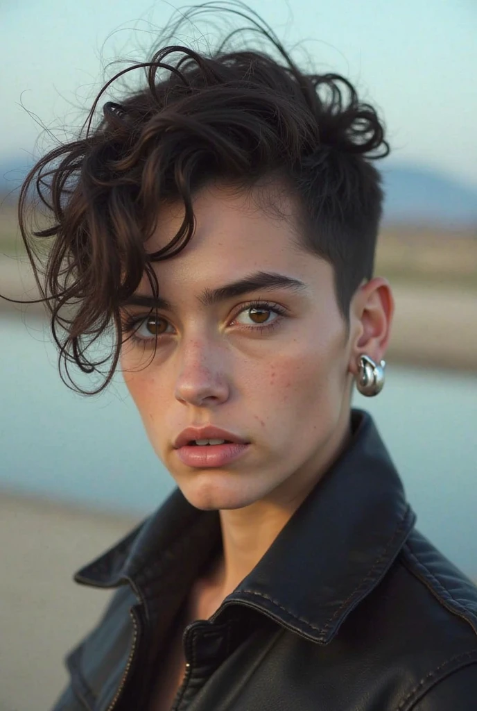 A young androgynous female bartender with a undercut. Wild. Cool. Laughing. Tomboyish. Happy. Slim. Very short manly haircut. Dark-brown hair. Sides shaved, undercut. Very pale skin with freckles and liverspots. A soft round face with freckles and liverspots. Upturned dark-brown eyes. Very thin and barley visible eyebrows. A long and wide nose. Wide curved lips. Round chin. Slim body. Wide hips. Thick legs. A wide Colourful Hawaiian shirt and wide short pants. Beautiful tiki bar. Cocktails. Good vibes. Beach. Sunshine.