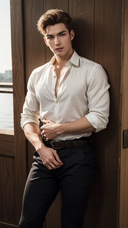 chemise, arm above head, concentration sur les aisselles, homme, beaux muscles