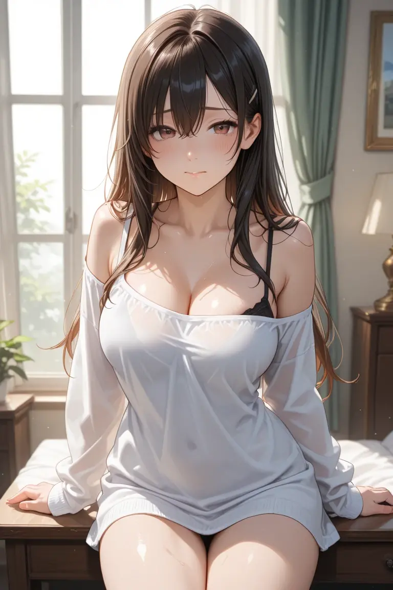 DETAILED, DENSE, MASTERPIECE, one girl, beautiful, wearing white cardigan, one girl lying on bed with blanket, brown hair, 22 years old, smooth skin, glowing skin, glowing hair, clear eyes, glowing eyes, brown eyes, soft lips, pale pink lips, (viewer Looking down: 0. 8) smiling slightly, cheeks stained, shy, mouth open, bangs, white sleeves, white clothing, one girl, soft skin, large breasts, glowing skin, cinematic lighting, rich lighting, room lighting, simple gold necklace, diamond necklace, white Lace bra, white lace panties, white lace underwear, high angle, low angle, (Masterpiece: 1.0), (Realistic: 1.6), (Soft Focus: 1.5)