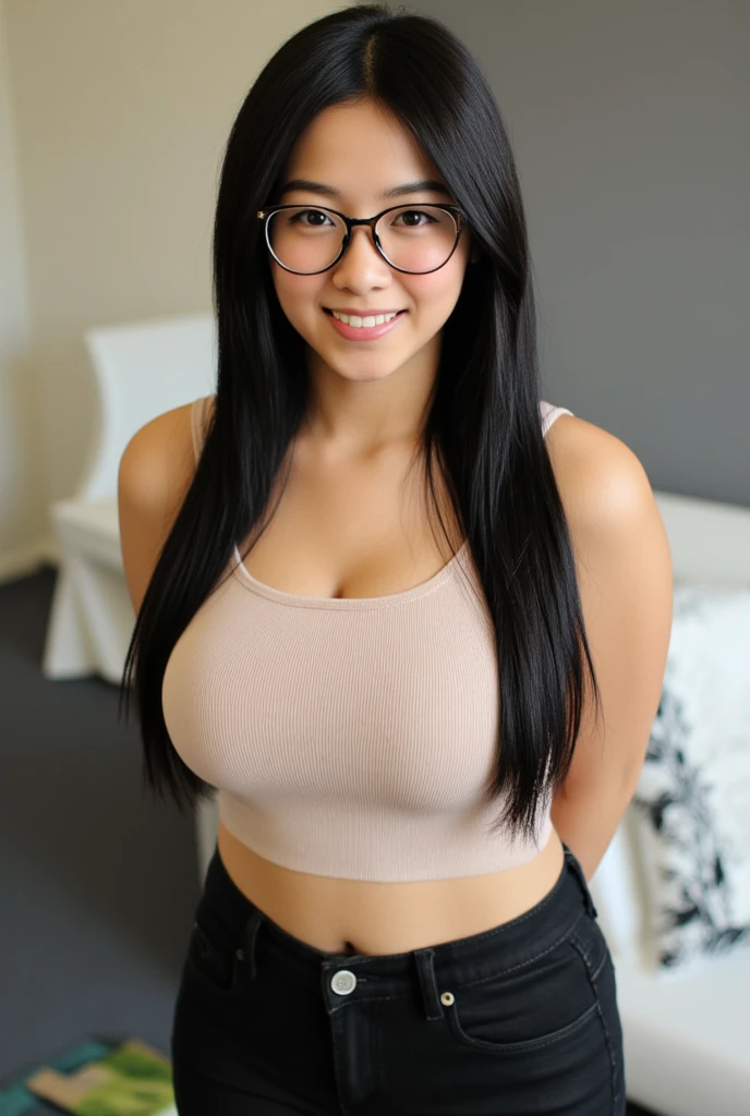 beautiful detailed, cute face, short, mexican teen, medium black hair, black hair over one eye, glasses, long-sleeved tucked in v neck T-shirt, long pants, solo, voluptuous breasts, full body photo,