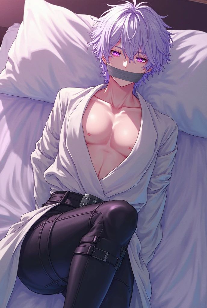 absurdres, highres, ultra detailed, HDR, master piece, best quality, extremely detailed, Dabi, white hair, expressive turquoise eyes, Boku No Hero Academia, solo, sexy man lying on a bed, handsome, smile, bare chest, toned chest, black pants, fantasy, bed, sparkling, blue glittering fireflies, blue blossoms, blue chrysanthemums, blue sparkling lights, room