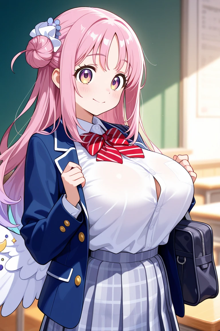 (Super detailed illustrations:1.2),(masterpiece, 8K), (最high quality, high quality:1.4), perfect anatomy, very detailed,High resolution, Super detailed,white background,blank background, v8k wallpaper,perfect design, one beautiful girl, (17 year old girl),(Chibi:0.6),(cute:1.5),transparent skin,Shining beautiful skin,(green eyes, eye highlights,first ultrafine star:1.45),(pink hair, medium long hair, bow:1.4),(big breasts,beautiful breasts:1.7),protruding nipples,(long eyelashes, double eyelid:1.2),frown,troubled face,pink cheeks,(最high qualityの顔),(最high qualityの明るい目),smile, sunlight, beautiful lighting, volume lighting, short sleeve,((school uniform)), (black mini skirt, very short skirt,ruffle skirt), thick thighs,(absurd, High resolution, super detail art),cel shading,clear color, lonely optical effect, bright shine,(girl close-up:1.1),Manga influence, beautiful line drawing,Are sleeping,