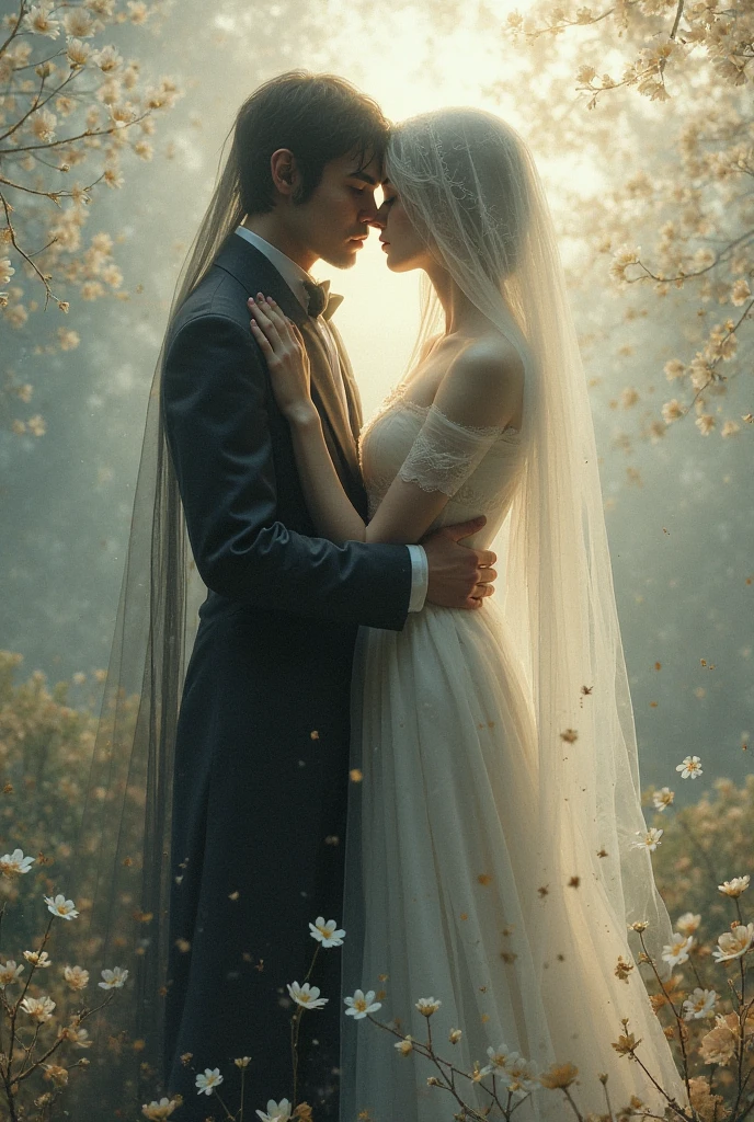 HDR photo, (upper body shot ) of a couple, ghost, ethereal figure, transparent fading body, fading hands, shimmering, translucent, with a spectral veil, faintly visible with a spooky aura, melancholic, chains around its wrists, , sharing soft whispers, detailed face, located in a romantic scene at a scenic meadow during afternoon with clear weather, illuminated by golden sunset, creating a warm atmosphere, ,Masterpiece,best quality, photo, realistic, very aesthetic