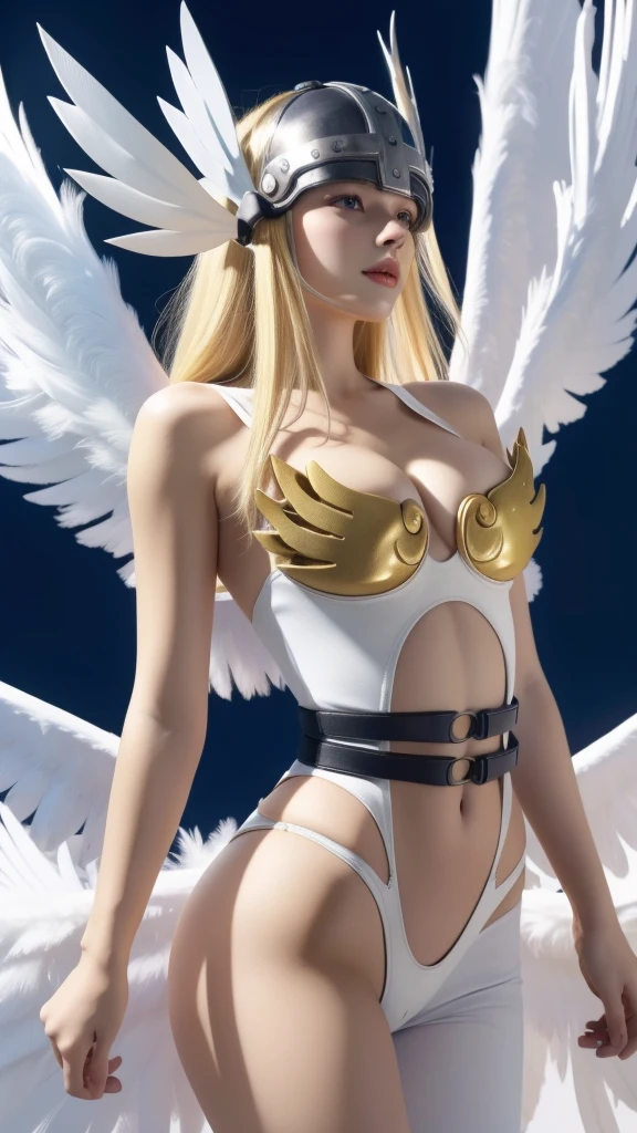 best quality, intricate details,
1girl, Angewomon, winged helmet, helmet over eyes, helmet on, covered eyes,white multiple wings, white wings, pink hagoromo, single glove, strapless,white bodysuit, gold strapless bra, black belt, two belts