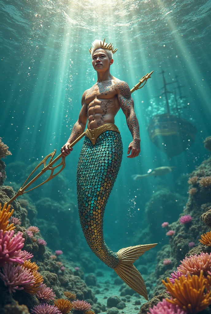 Handsome merman man, white hair, red fish tail, sea bottom, 18 years old, full body with gold necklace and gold bracelets