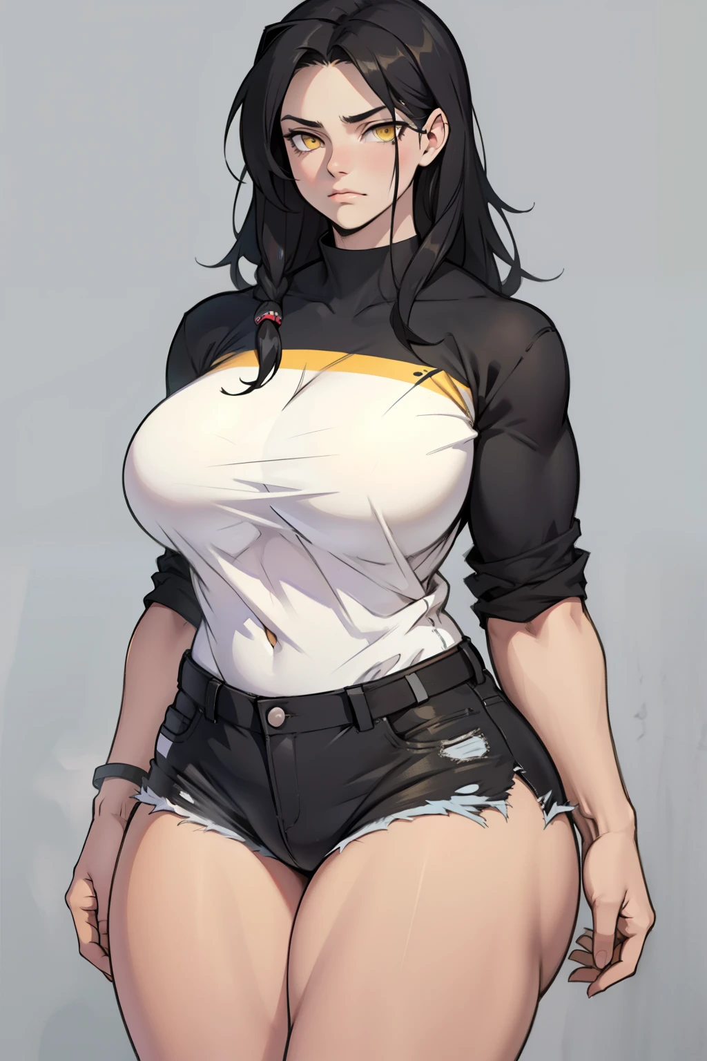 ((grey background)), solo, (((1 girl))), very long hair, black hair, angry, yellow eyes, (((muscular))), (((huge tits))), (((thick thighs))), (((wide hips))), pale skin, (tight shirt), (tight pants), standing