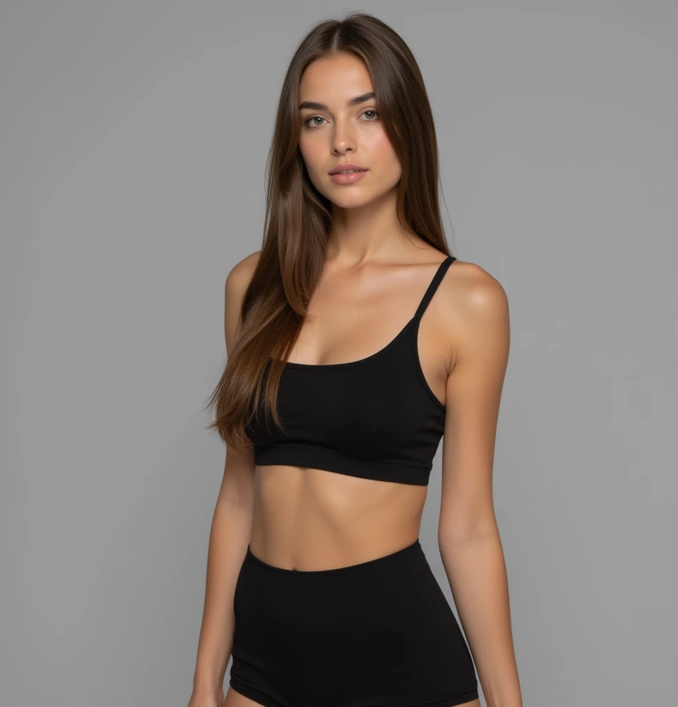 wife, 20 ans, bionde, yeux verts, cocasian, tanned skin, small-nose, forme de sourcils ronds courbés, porte un crop top noir, protruding breasts, allongé sur le coté, on a sofa, slim and tanned belly