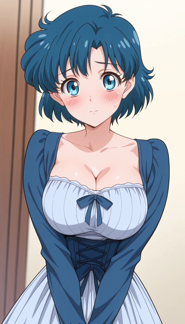 1girl in, embarassed face, Shiny skin, Best Quality, masutepiece, Detailed beautiful face and eyes,爆乳、See-through lingerie with a small area, Sailor Mercury, Cowboy Shot、large full breasts、Spread your legs apart,funk,Elongated,鎖骨,groin,Take off your underwear,Glowing skin,Sweaty skin,Works of masters,The highest image quality,hightquality,high detal,超A high resolution,8K分辨率,perfect hand,Full body photo,Exquisite facial features,Perfect face,(真实感:1.4),(Front Focus),Surrealist portraits of women by David Hockney and Alphonse Mucha,((ultra gigantic tits))、( Big breasts exposing cleavage)、((enchanting posture))、Fantasyart,,Photographic realism,动态照明,art stations,poster for,Volumetriclighting,The details on the face are particularly rich....,((Colossal tits))、Sexy thighs,exposing the abdomen ,Chest 1 Girl, In the darkness of the night,girl,kneeling,(bent over;1.2),(stick out hips;1.8),look at front,touch floor,(nudi-ty,large knit sweater,bottom-less,no skirt,no panties),blush,heart-shaped eyes,pink hear,perfect breasts,open mouth,girl room