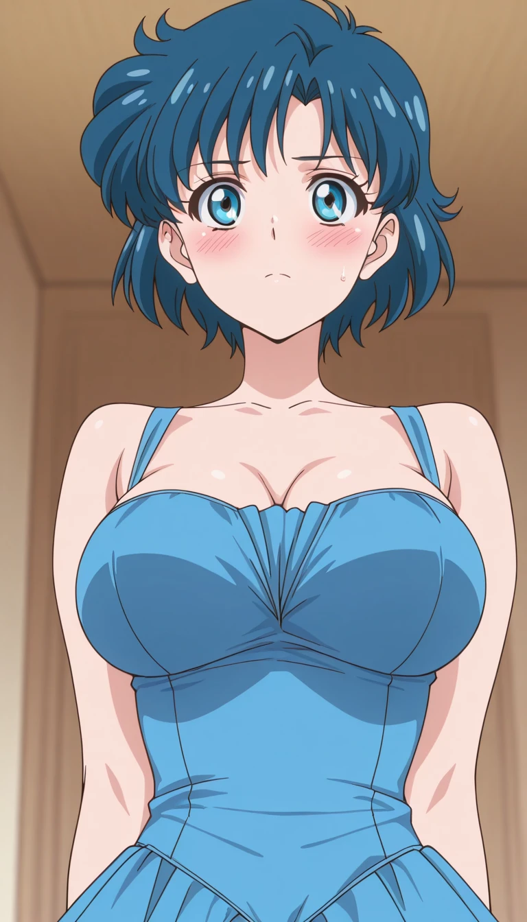 masterpiece, best quality, best quality, (perfect lighting:1.4), (lifelike), perfect anatomy, perfect face, perfect eyes, 
 bulmadbzreddress, aqua hair, Bulma holds her panties , erotic , Tempting , Big breasts , sexy thighs , NSFW